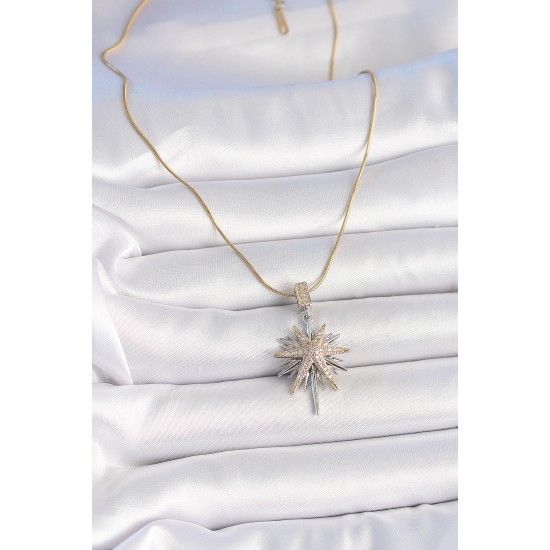 316L Çelik Gold Renk Gümüş Zirkon Taşlı Yıldız Model Kadın Kolye - TJ-BKO10007