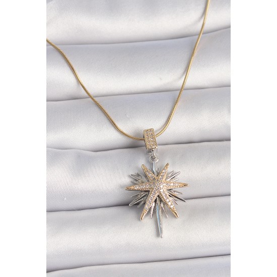 316L Çelik Gold Renk Gümüş Zirkon Taşlı Yıldız Model Kadın Kolye - TJ-BKO10007