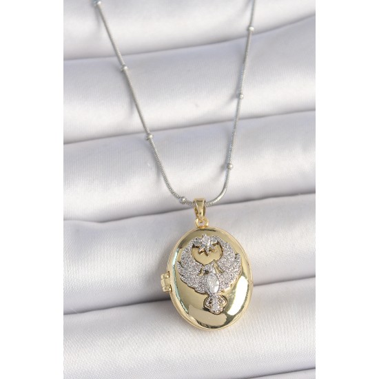 316L Çelik Gümüş Renk Topçuk Detay Zincir Açılır Zirkon Taşlı Anka Kuşu Model Kadın Kolye - TJ-BKO10008