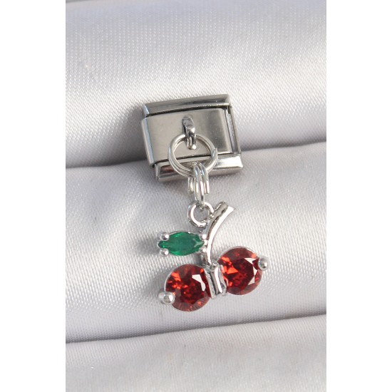 316L Çelik Gümüş Renk Zirkon Taşlı Kiraz Model Nomination Charm - TJ-BC1332