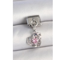 316L Çelik Gümüş Renk Pembe Zirkon Taşlı Kalpli Gül Model Nomination Charm - TJ-BC1335