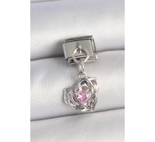 316L Çelik Gümüş Renk Pembe Zirkon Taşlı Kalpli Gül Model Nomination Charm - TJ-BC1335