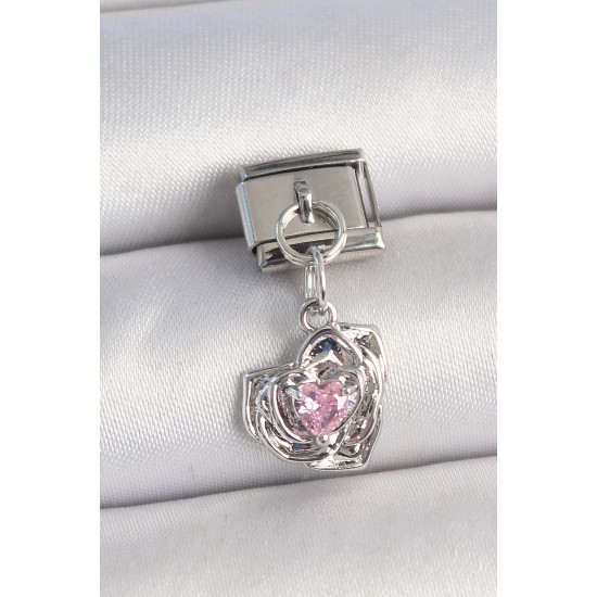 316L Çelik Gümüş Renk Pembe Zirkon Taşlı Kalpli Gül Model Nomination Charm - TJ-BC1335