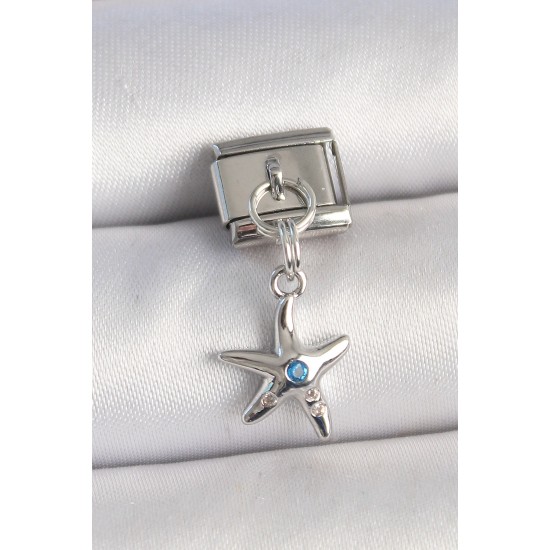 Pirinç Gümüş Renk Deniz Yıldız Model Mavi Taş Detay Nomination Charm - TJ-BC1336