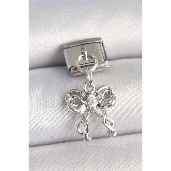 316L Çelik Gümüş Renk Zirkon Taşlı Kurdele Model Nomination Charm - TJ-BC1337