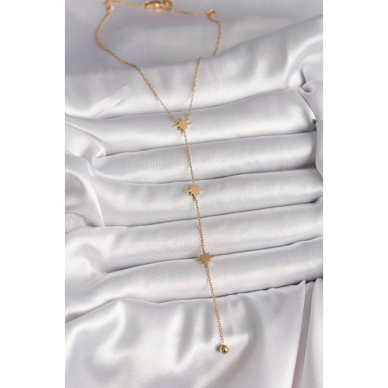 316L Çelik Gold Renk Yıldız Topçuk Detay Kadın Y Kolye - TJ-BKO10009