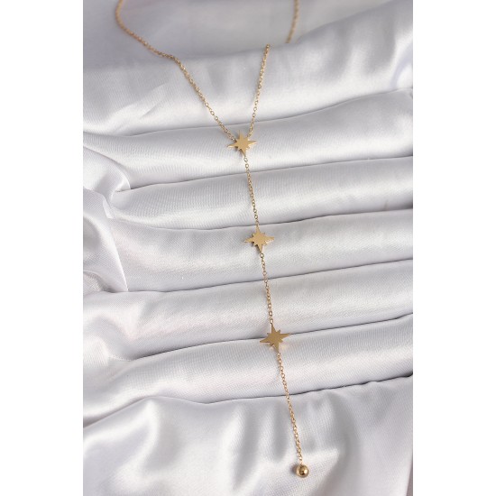 316L Çelik Gold Renk Yıldız Topçuk Detay Kadın Y Kolye - TJ-BKO10009