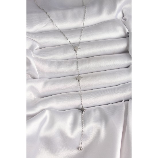 316L Çelik Gümüş Renk Yıldızlı Model Topçuk Detay Kadın Y Kolye - TJ-BKO10010