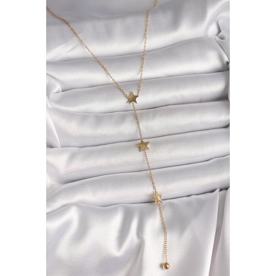 316L Çelik Gold Renk Yıldız Model Topçuk Detay Kadın Y Kolye - TJ-BKO10013