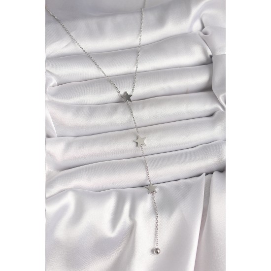 316L Çelik Gümüş Renk Yıldızlı Model Topçuk Detay Kadın Y Kolye - TJ-BKO10014