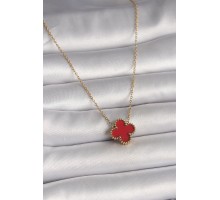 316L Çelik Gold Renk Kırmızı Yonca Model Kadın Kolye - TJ-BKO10015