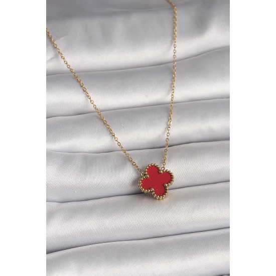 316L Çelik Gold Renk Kırmızı Yonca Model Kadın Kolye - TJ-BKO10015