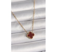 316L Çelik Gold Renk Bordo Yonca Model Kadın Kolye - TJ-BKO10018