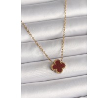 316L Çelik Gold Renk Bordo Yonca Model Kadın Kolye - TJ-BKO10018