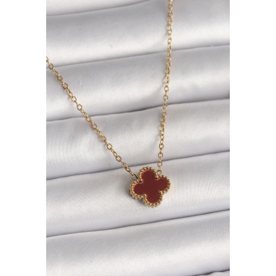316L Çelik Gold Renk Bordo Yonca Model Kadın Kolye - TJ-BKO10018