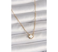 316L Çelik Gold Renk Beyaz Yonca Model Kadın Kolye - TJ-BKO10019