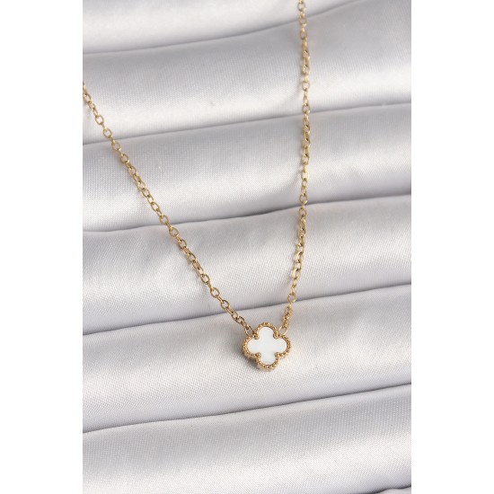 316L Çelik Gold Renk Beyaz Yonca Model Kadın Kolye - TJ-BKO10019