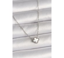 316L Çelik Gümüş Renk Beyaz Yonca Model Kadın Kolye - TJ-BKO10020