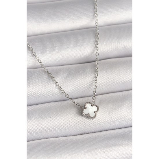 316L Çelik Gümüş Renk Beyaz Yonca Model Kadın Kolye - TJ-BKO10020