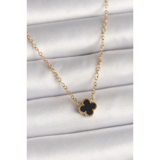 316L Çelik Gold Renk Siyah Yonca Model Kadın Kolye - TJ-BKO10021