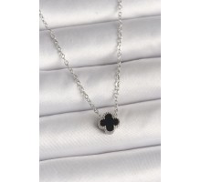 316L Çelik Gümüş Renk Siyah Yonca Model Kadın Kolye - TJ-BKO10022