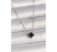 316L Çelik Gümüş Renk Siyah Yonca Model Kadın Kolye - TJ-BKO10022