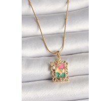 316L Çelik Gold Renk Renkli Zirkon Taşlı Kelebek İşlemeli Portre Model Kadın Kolye - TJ-BKO10024