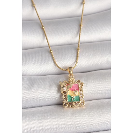 316L Çelik Gold Renk Renkli Zirkon Taşlı Kelebek İşlemeli Portre Model Kadın Kolye - TJ-BKO10024