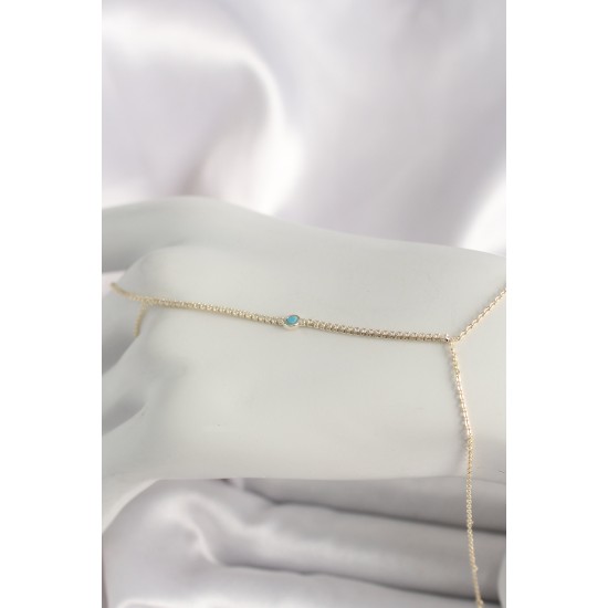 Pirinç Gold Renk Su Yolu Zirkon Taşlı Mavi Taş Detaylı Kadın Şahmeran - TJ-SN621