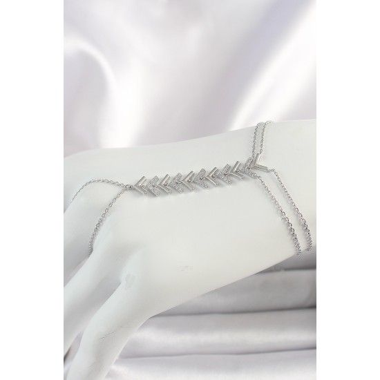 Pirinç Gümüş Renk Zirkon Taşlı V Model Kadın Şahmeran - TJ-SN630