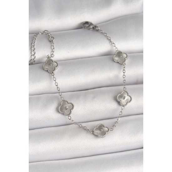 316L Çelik Gümüş Renk İşlemeli Yonca Model Kadın Bileklik - TJ-BB6927