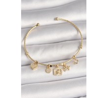 Pirinç Gold Renk Sallantı Zirkon Taşlı Ayıcık Figür Taç Detay Charm Kadın Bileklik - TJ-BB6928