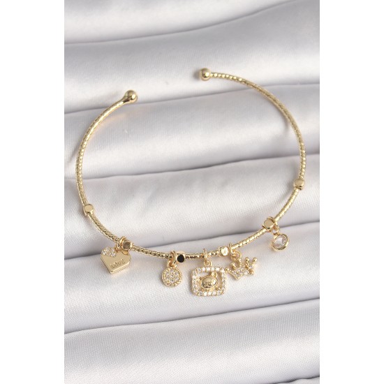 Pirinç Gold Renk Sallantı Zirkon Taşlı Ayıcık Figür Taç Detay Charm Kadın Bileklik - TJ-BB6928