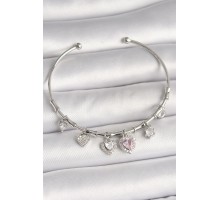 Pirinç Gümüş Renk Sallantı Pembe Zirkon Taşlı Kalp Model Charm Kadın Bileklik - TJ-BB6929