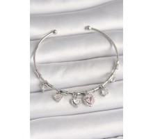 Pirinç Gümüş Renk Sallantı Pembe Zirkon Taşlı Kalp Model Charm Kadın Bileklik - TJ-BB6929