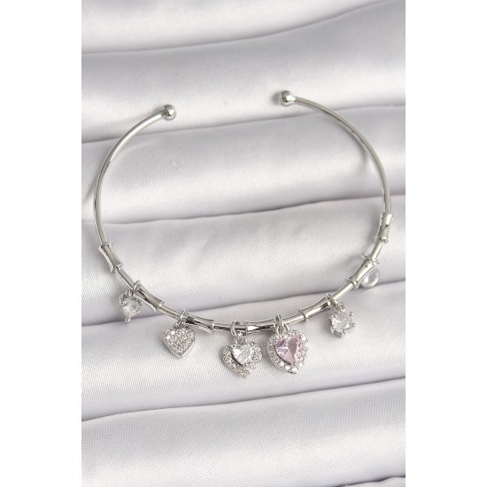 Pirinç Gümüş Renk Sallantı Pembe Zirkon Taşlı Kalp Model Charm Kadın Bileklik - TJ-BB6929