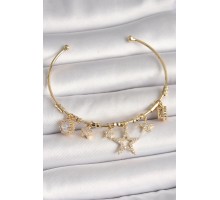 Pirinç Gold Renk Sallantı Zirkon Taşlı Yıldız Model Kalp Detay Charm Kadın Bileklik - TJ-BB6930