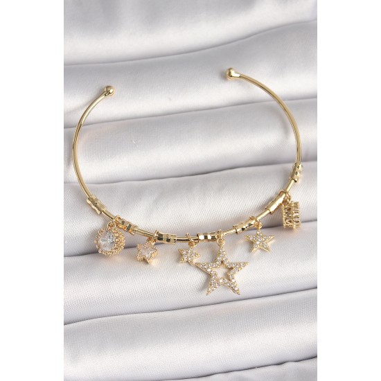 Pirinç Gold Renk Sallantı Zirkon Taşlı Yıldız Model Kalp Detay Charm Kadın Bileklik - TJ-BB6930