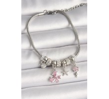 Pirinç Gümüş Renk Sallantı Pembe Zirkon Taşlı Kelebek Figür Çiçek Detay Charm Kadın Bileklik - TJ-BB6933