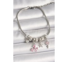 Pirinç Gümüş Renk Sallantı Pembe Zirkon Taşlı Kelebek Figür Çiçek Detay Charm Kadın Bileklik - TJ-BB6933
