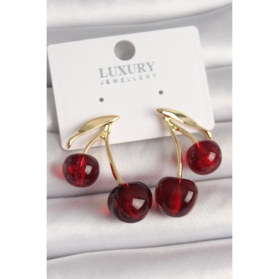 Pirinç Gold Renk Kırmızı Kiraz Model Kadın Küpe - TJ-BKP10460