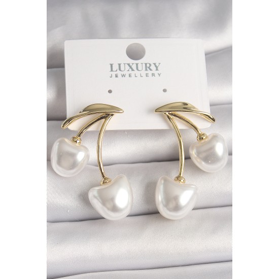 Pirinç Gold Renk Beyaz İnci Kiraz Model Kadın Küpe - TJ-BKP10461