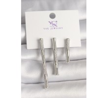 Pirinç Gümüş Renk Zirkon Taşlı Bambu Model 3'Lü Kadın Kombin Küpe - TJ-BKP10462