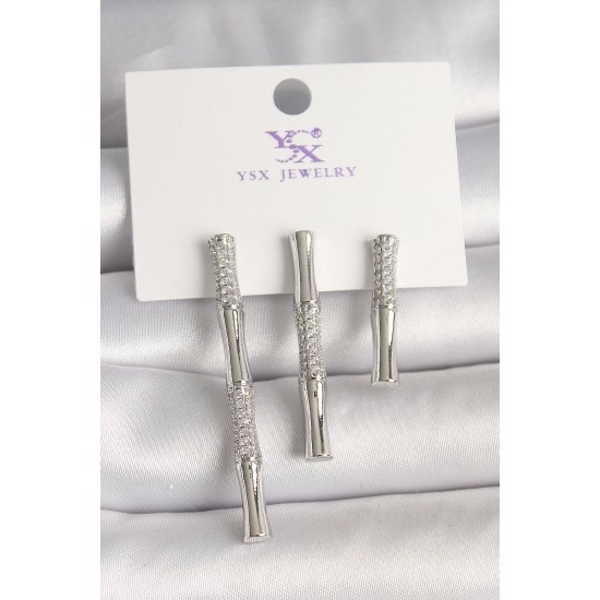 Pirinç Gümüş Renk Zirkon Taşlı Bambu Model 3'Lü Kadın Kombin Küpe - TJ-BKP10462