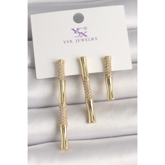 Pirinç Gold Renk Zirkon Taşlı Bambu Model 3'Lü Kadın Kombin Küpe - TJ-BKP10463