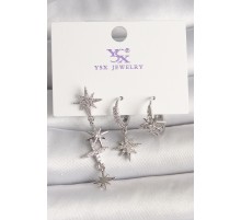 Pirinç Gümüş Ren Sallantı Zirkon Taşlı Kutup Yıldız Model 3'Lü Kadın Kombin Küpe - TJ-BKP10464
