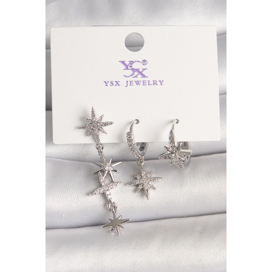 Pirinç Gümüş Ren Sallantı Zirkon Taşlı Kutup Yıldız Model 3'Lü Kadın Kombin Küpe - TJ-BKP10464