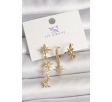 Pirinç Gold Renk Sallantı Zirkon Taşlı Zirkon Taşlı Kutup Yıldız Model 3'Lü Kadın Kombin Küpe - TJ-BKP10465