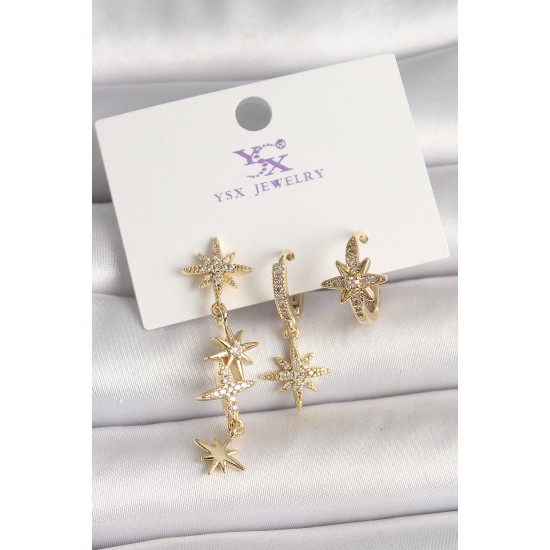 Pirinç Gold Renk Sallantı Zirkon Taşlı Zirkon Taşlı Kutup Yıldız Model 3'Lü Kadın Kombin Küpe - TJ-BKP10465