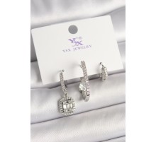 Pirinç Gümüş Renk Zirkon Taşlı Baget Halka Model 3'Lü Kadın Kombin Küpe - TJ-BKP10466